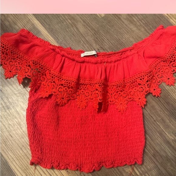 Active USA Red Lace Off-Shoulder Blouse - Picture 1 of 2